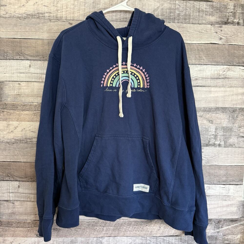 Life Is Good Hoodie Womens XXL Blue Rainbow Love Graphic Pullover Fleece